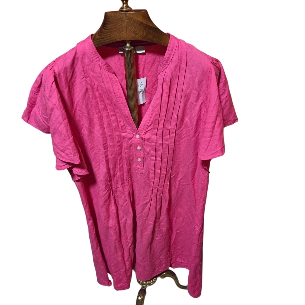Ann Taylor Loft Fuchsia Pink Flutter Sleeve Linen Blend Pleat Tunic Dress Sz XXL - Picture 2 of 8
